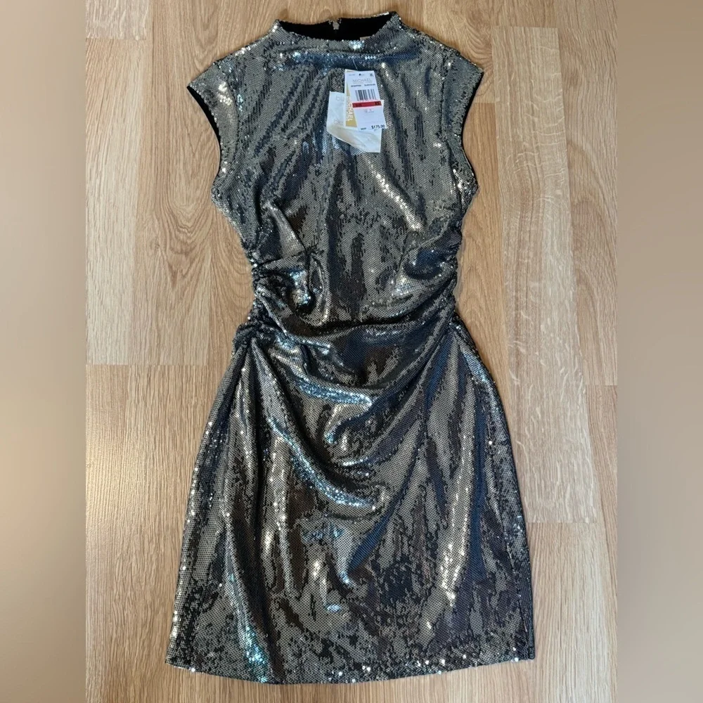 MICHAEL KORS Sleeveless Mock Neck Silver Ruched Silver Sequin Mini Dress Size XS